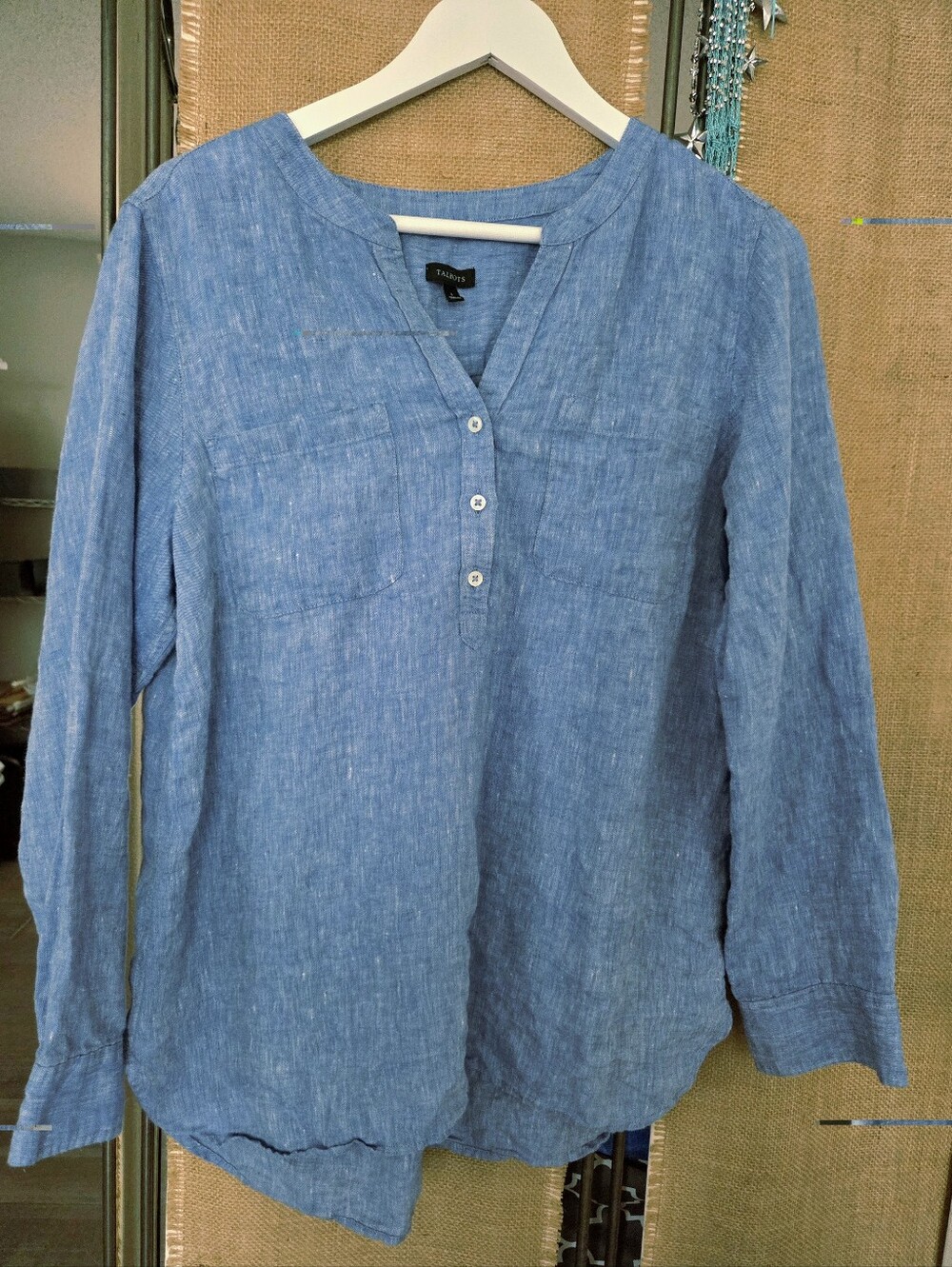 Talbots 100% Linen Blue Popover Tunic Top Large Roll Tab Sleeve Chambray Shirt - Picture 4 of 5
